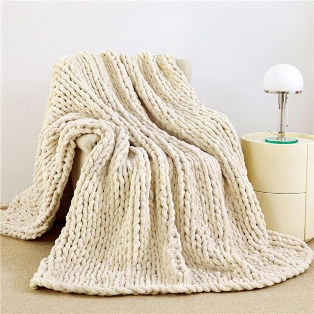 Chunky Knit Blanket Throw 51"x63", 100% Hand Knit Chenille Throw